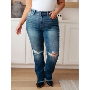 Judy Blue Straight Hi-Rise Distressed Knee Fray Hem Women's Jeans  |  Size: 24W